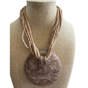 Chunky Boho Multi Strand Seed Bead Necklace Large Textured Resin Pendant Tan
